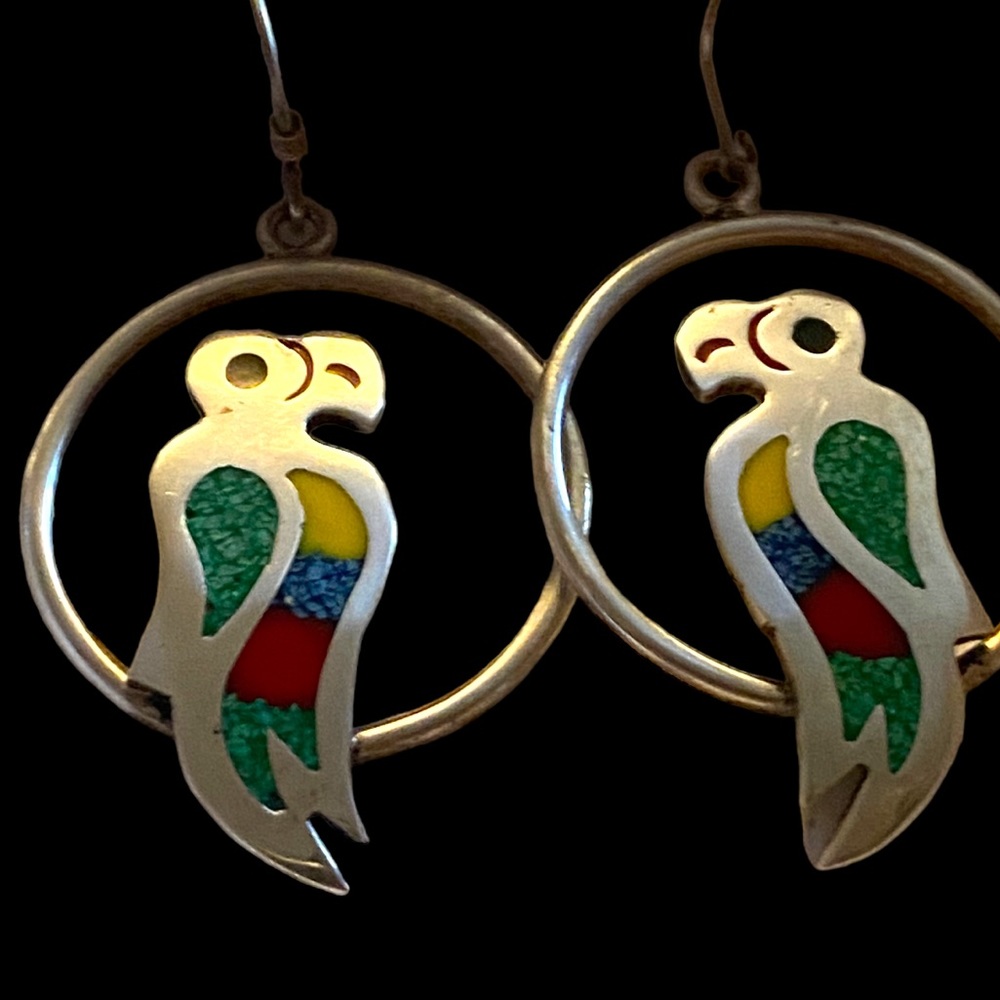 Fabulously Fun Playful Parrot Vintage Hoop Earrings From Mexico / 925